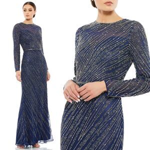 Mac Duggal NEW Navy Long Sleeve Beaded Column Evening Gown 5240 $598 - Size 10